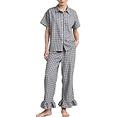 COZYPOIN Womens Gingham 2 Piece Set Plaid Cotton Pajama Sets Short Sleeve Button Shirt and Ruffle Pants Vacation Loungewear