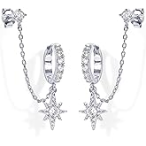 PAVOI 14K Gold Chain Earrings for Women | Double Piercing Dangle Chain Huggie Hoop Earrings | Cubic Zirconia Pearl Stud Ear Cuff Earrings for Women