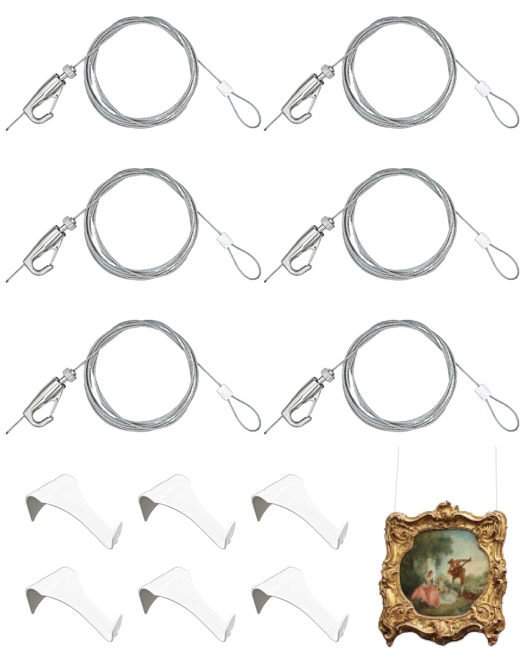 Picture Hanging Kit – Picture Rail Hooks with 6 of Each White Rail Hooks, 72 Inch Invisible Loop Cord, 6 Adjustable Hooks – Stainless Steel Picture Molding Hangers Nylon and Steel Cable — image 1