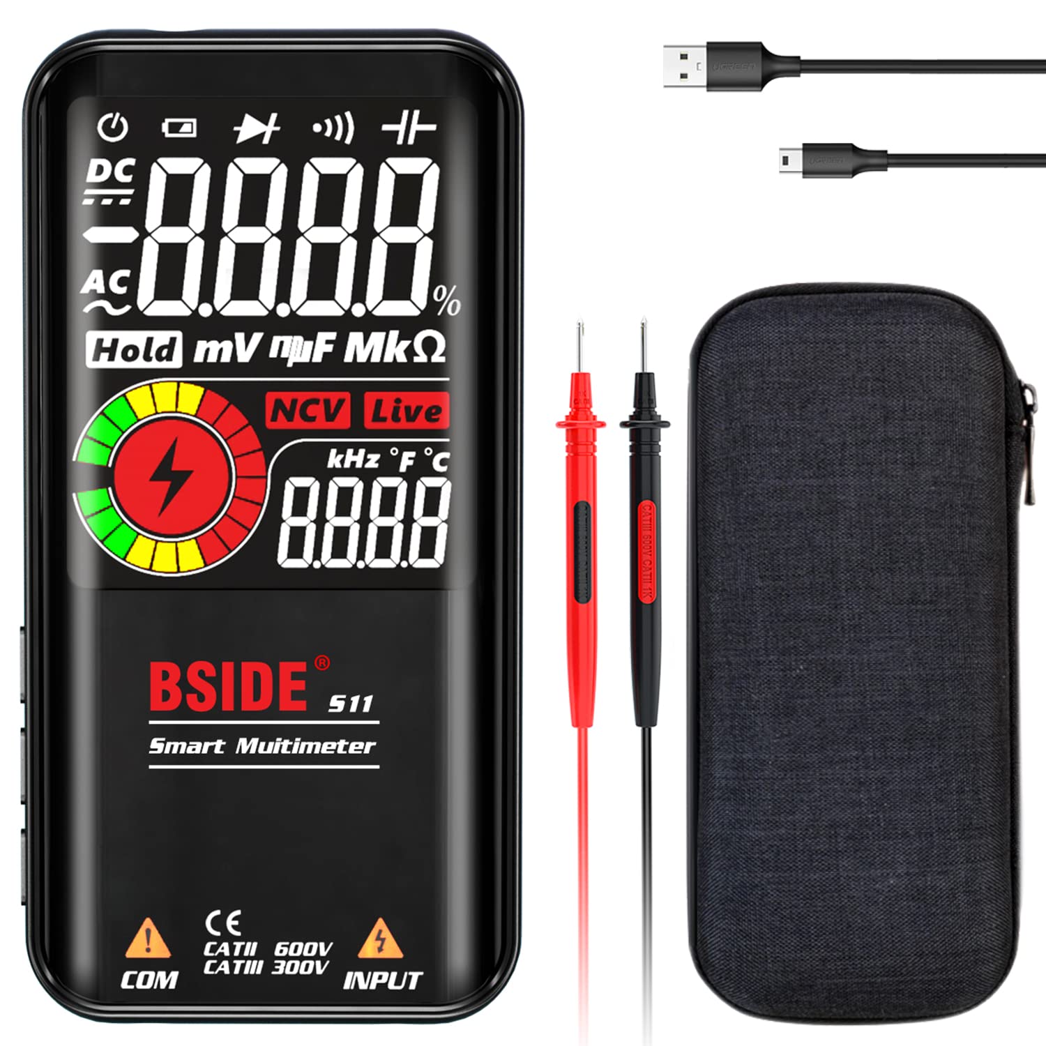 BSIDE S11 Digital Multimeter Auto Range Multi Tester 10000 Counts Smart Voltmeter, Measures AC DC Voltage Ohm Capacitance Frequency Duty Cycle Continuity NCV Rechargable Voltage Tester