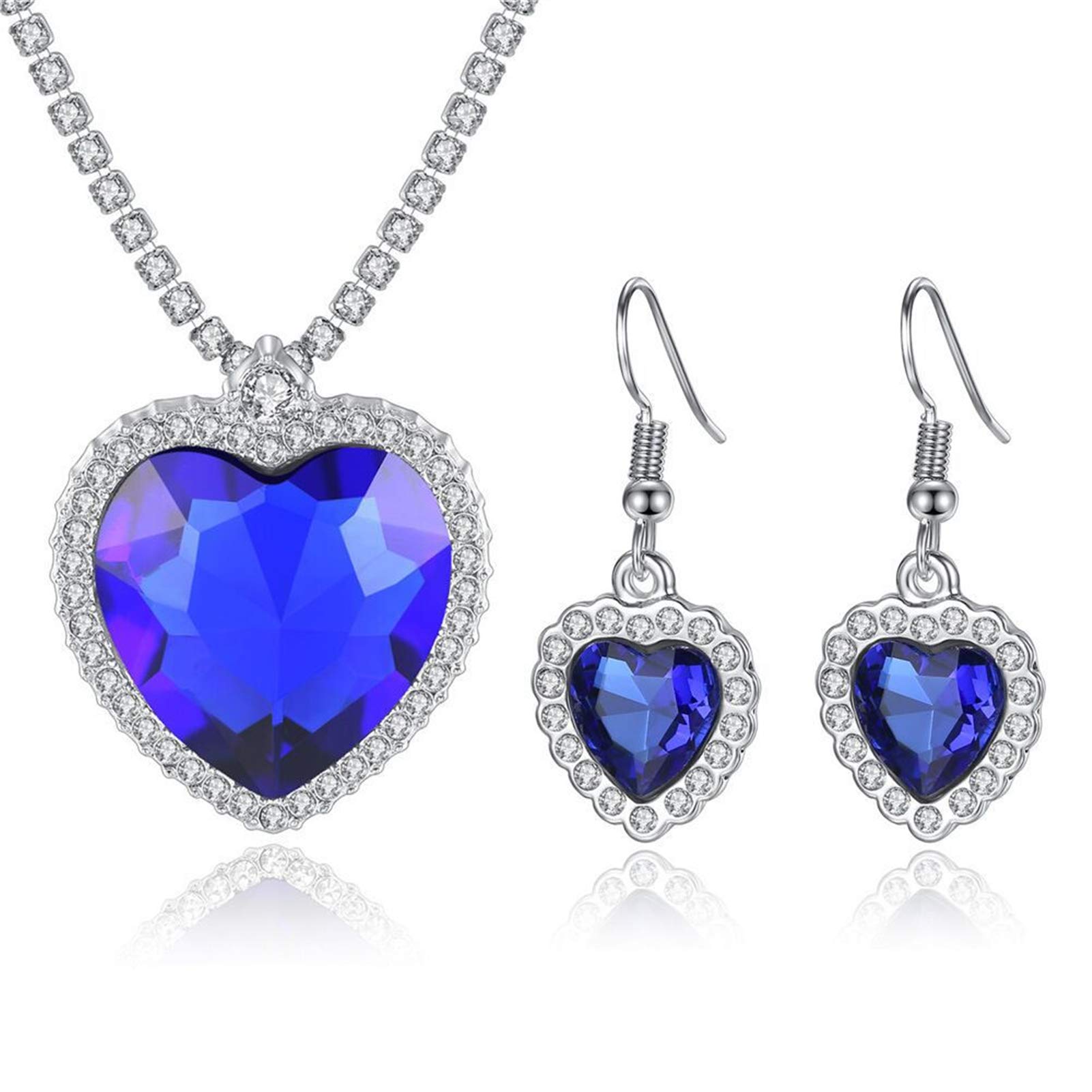 HMOOY Titanic Heart of the Ocean Necklace Earrings Jewellery Set, Blue Sapphire Blue Heart Crystal Earrings Ruby Necklace Titanic Jewellery for Women Girls Metal Cubic Zirconia, Metal, Cubic Zirconia