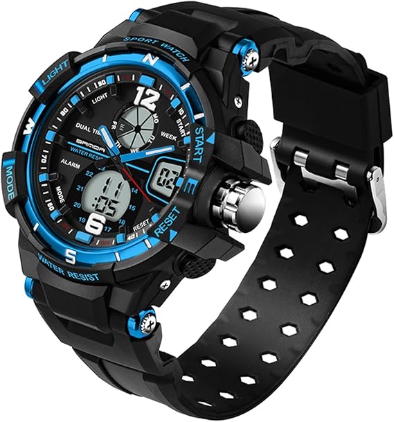 Amazon メンズ アナログデジタルled 50m 防水 アウトドアスポーツウォッチ ミリタリー 多機能 カジュアル デュアルディスプレイ 12時間 24時間ストップウォッチカレンダー 腕時計 L ブルー メンズ腕時計 腕時計 通販