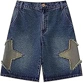 CUTEGAL Star Jorts Unisex Jorts Women Mid Rise Stretchy Patchwork Denim Shorts Wide Leg Baggy Jeans Men Y2k Pants