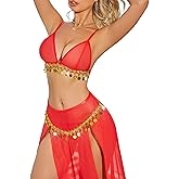 Avidlove Sexy Lingerie Bra Mini Skirt Mesh Sheer Costume Outfit Lingerie with Thong Set 3 Piece Red S