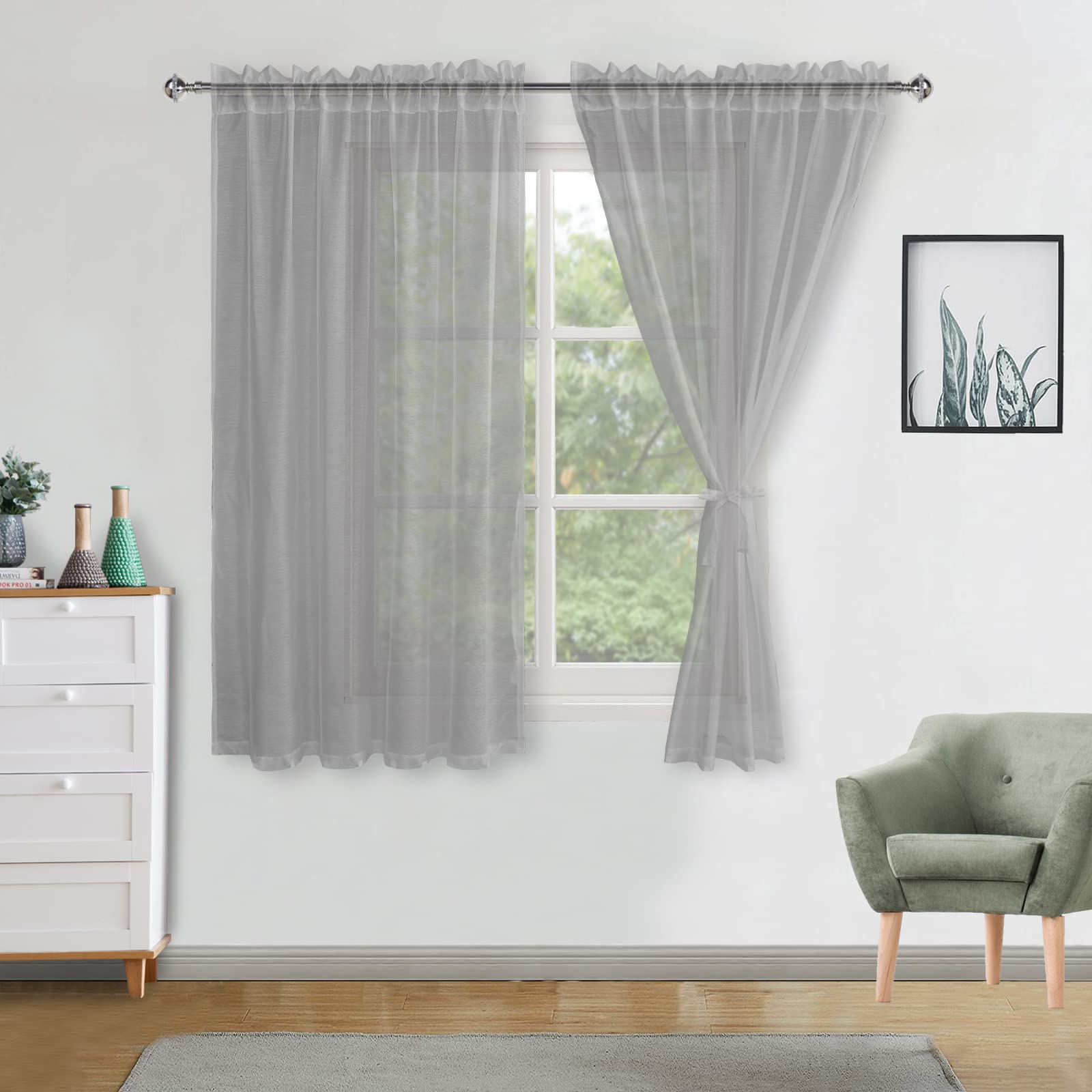DWCN Grey Voile Curtains 54 Drop Pair Slot Top Window Net Curtain Light Filtering Semi Transparent Elegant Soft Sheer Curtains with Tiebacks for Living Room/Bedroom/Kitchen,56 Inch Wide,2 Panels