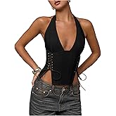 MakeMeChic Women's Corset Halter Tops Y2K Going Out Lace Up Tops Gothic Cowgirl Crop Tops