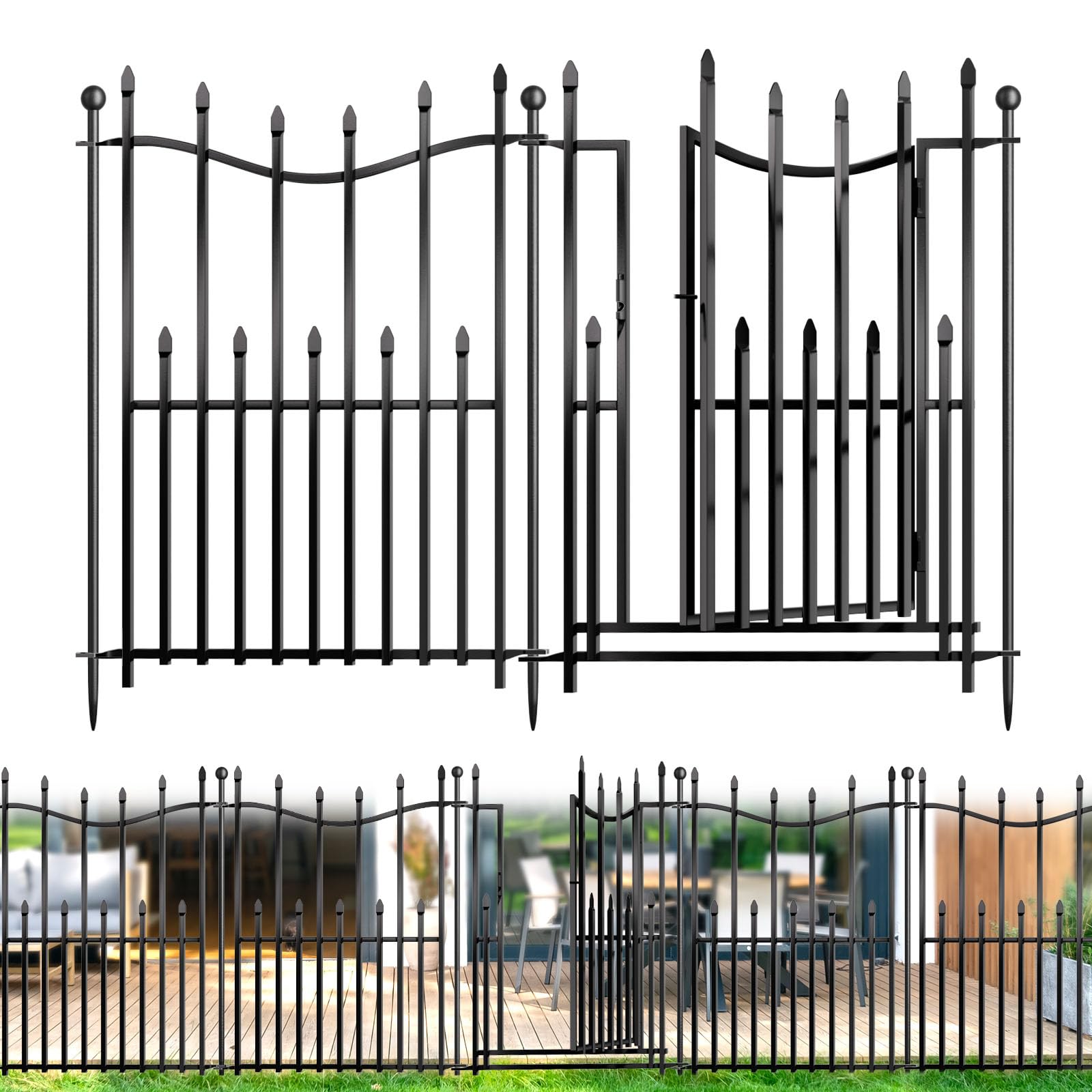 Photo 1 of 10 Panels No Dig Decorative Garden Fence with Gate, 32in(H) × 22ft(L) Heavy-Duty Rustproof Metal Panels, Outdoor Dog Barrier for Yard & Patio, Landscape, Border| Portable Temporary Fencing