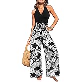 CUPSHE Women's One Piece Jumpsuits V Neck Tie Back Rompers Summer Printed Overalls Jumpers Wide Leg Pant Vacation Outfits