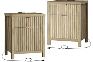 OAKHAM HOME Oxford 2 Drawer Nightstand, End Table with Charging Station, Night Stand with Fluted Panel, Farmhouse Sofa/Bed Side Table Set of 2 (Sunwashed Ash Oak)