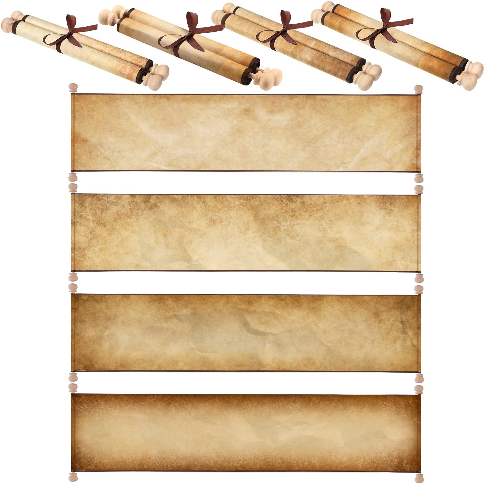 Photo 1 of 4 Pieces Blank Paper Scrolls on Wood Rods Vintage Quick Drop Old Paper Long Aged Blank Scroll for Writing Drawing Calligraphy Wedding Invitations Renaissance Festivals, 7.3 x 31.5 Inch