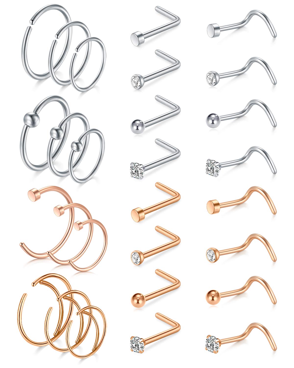 AceFun 20G Nose Rings Hoop L-Shaped Nose Studs Screw 28 pcs Silver Rose Gold Cartilage Helix Tragus Earrings High Nostril Piercing Jewelry CZ C-Shaped Septum Ring Set