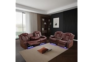 SIENWIEY Power Brown Leather Recliner Sofa Set with LED Light for Living Room Furniture，Power Reclining Sofa and Loveseat Set Recliner Sofa with Drop-Down Table/Recliner Loveseat with Storage Console