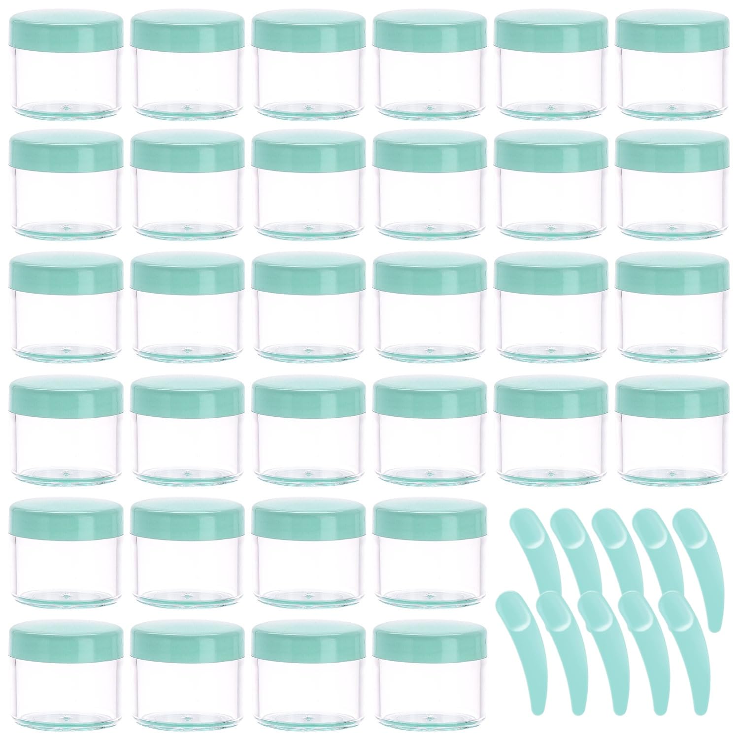 Photo 1 of Refillable Cosmetic Sample Jars - 100 Pack 20g (0.7oz) Green Small Travel Containers with Lids + 10 Mini Makeup Spatulas - BPA Free