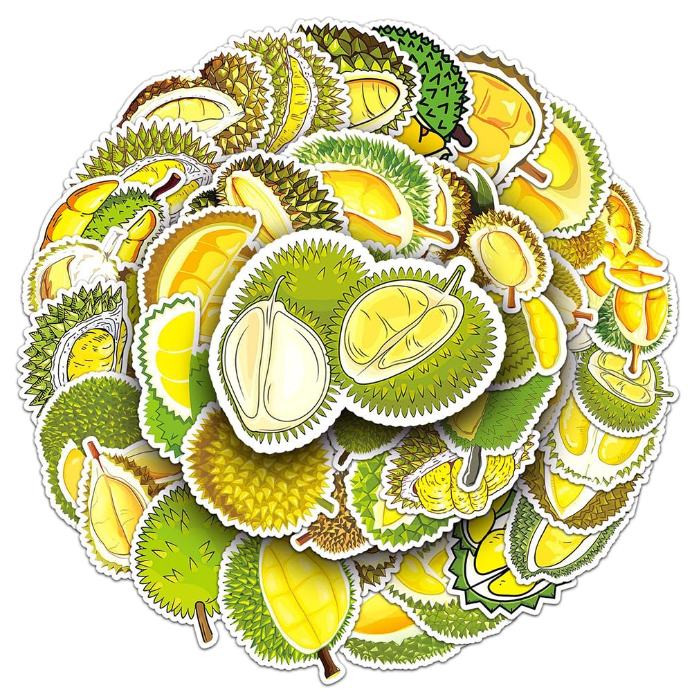 Vibrant Durian Vinyl Stickers, 50 PCS Waterproof Fruit Decals for Laptops, Scrapbooking, Journals, Notebooks, Water Bottles, Suitcases, Phones & DIY Decor
