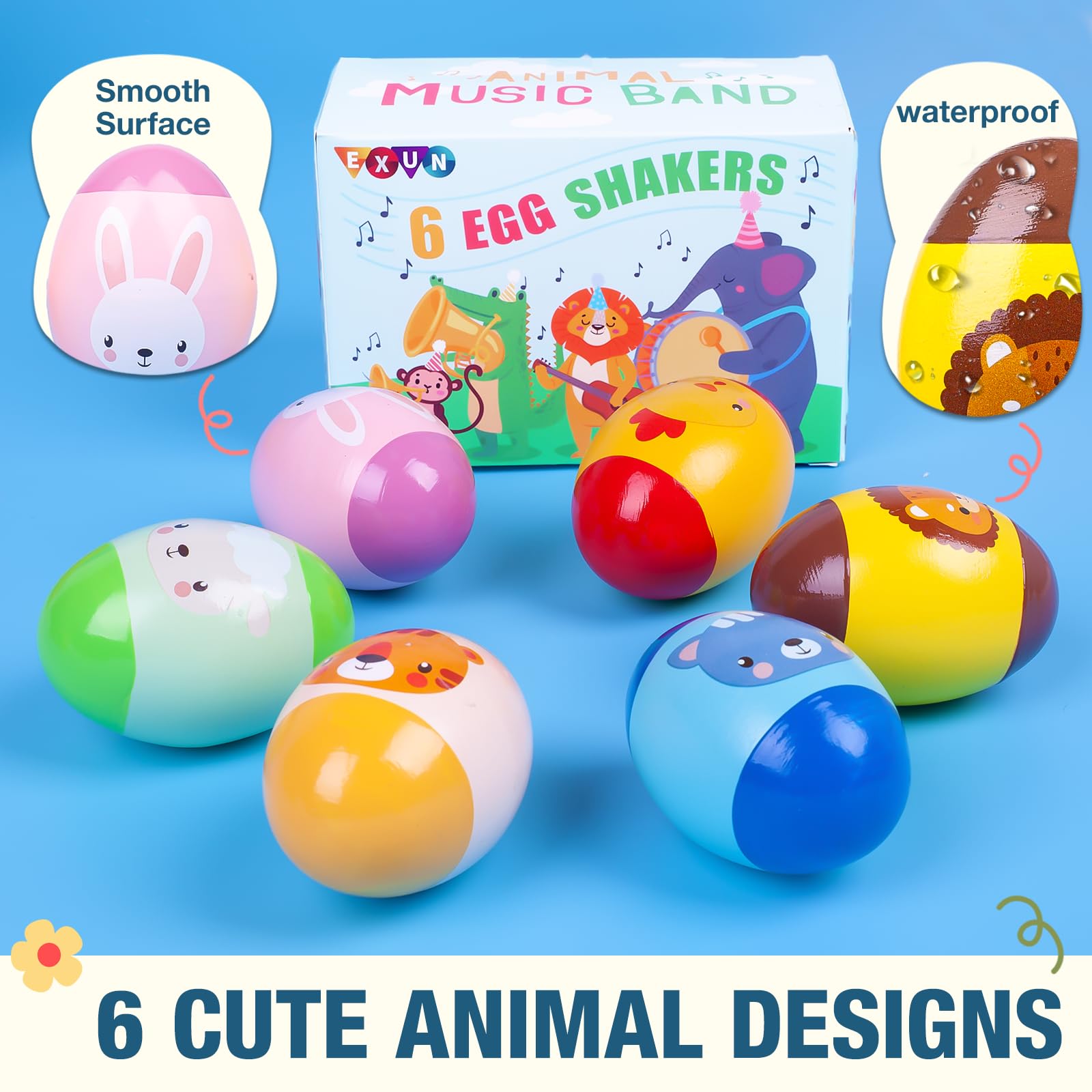 Exun 6 Pack Wooden Percussion Musical Animal Shake Eggs Easter Egg Shakers for Kids Boys Girls Toddlers Easter Gifts, Easter Basket Stuffers Fillers, Party Favors, Easter Hunt, Classroom Prize