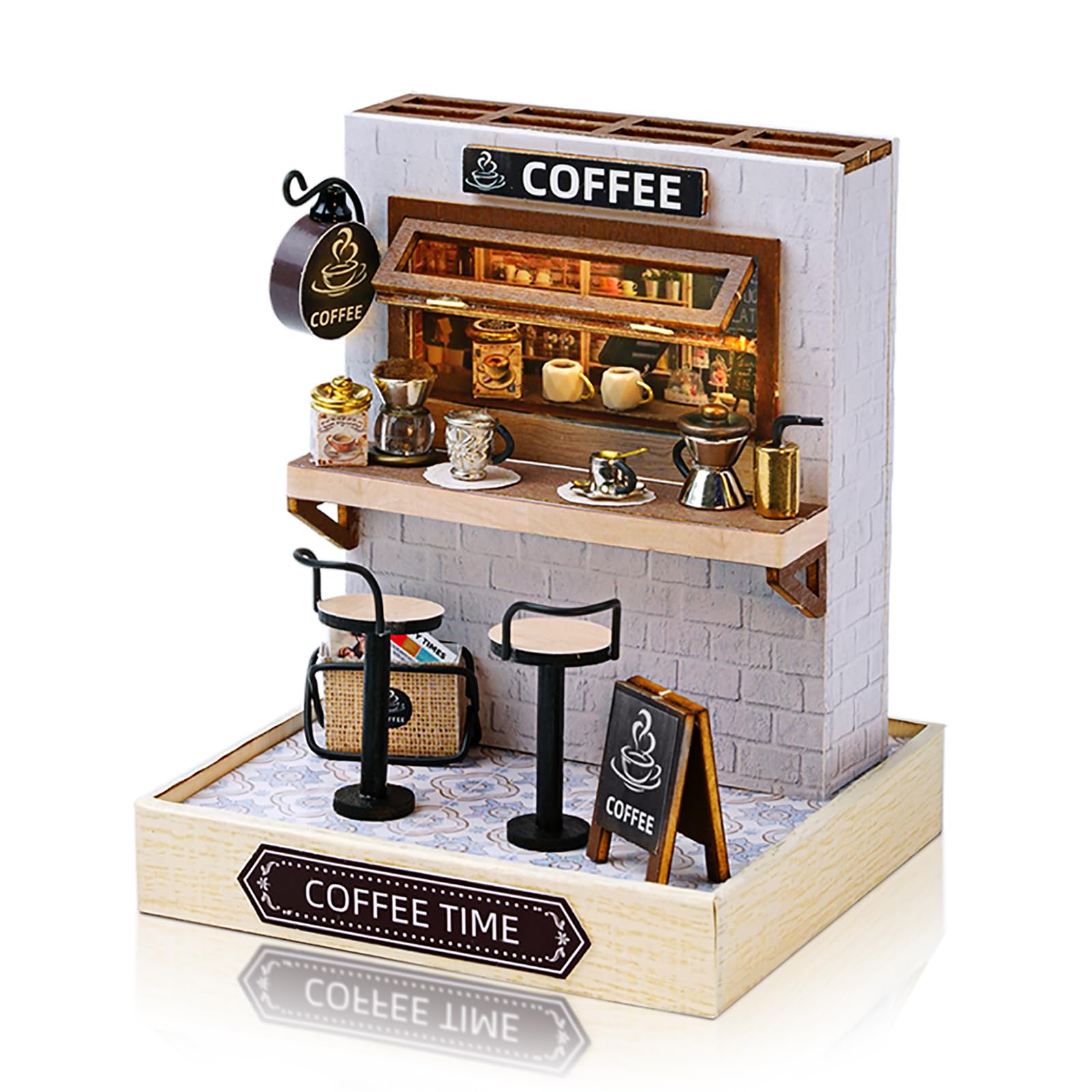 Cuteefun DIY Wooden DollHouse Kit, DIY Miniature Doll House Kits with Furniture and Dust Cover, Handmade Miniature Kit for Teens Adult Gift (Coffee Shop)