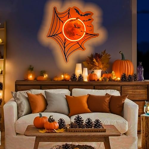 HFHungkeong Halloween Neon Sign,Spider Web Neon Sign,LED Dimmable Light up Halloween Wall Art Decorations USB Powered Spooky Gift for Birthday Home Party Fireplace Door Decor
