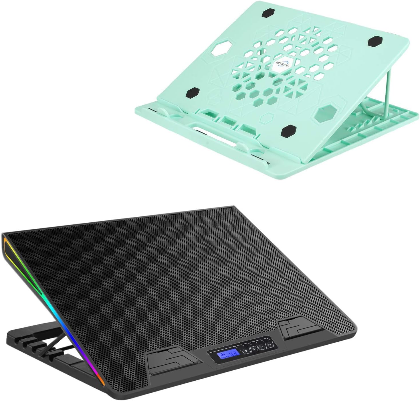 AICHESON X5 Green Laptop Stand & AA2 1 Fan Heavy Laptop Cooling Cooler Pad Combination Set, Ergonomically Multiple Heights