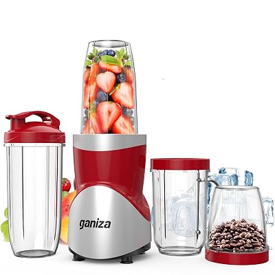 Ganiza 900W Blenders for Shakes and Smoothies, 15-Piece Personal Blender and Grinder Combo for Kitchen, Smoothies Maker with 4 BPA-Free Portable Cup, Nutritious Recipe Red