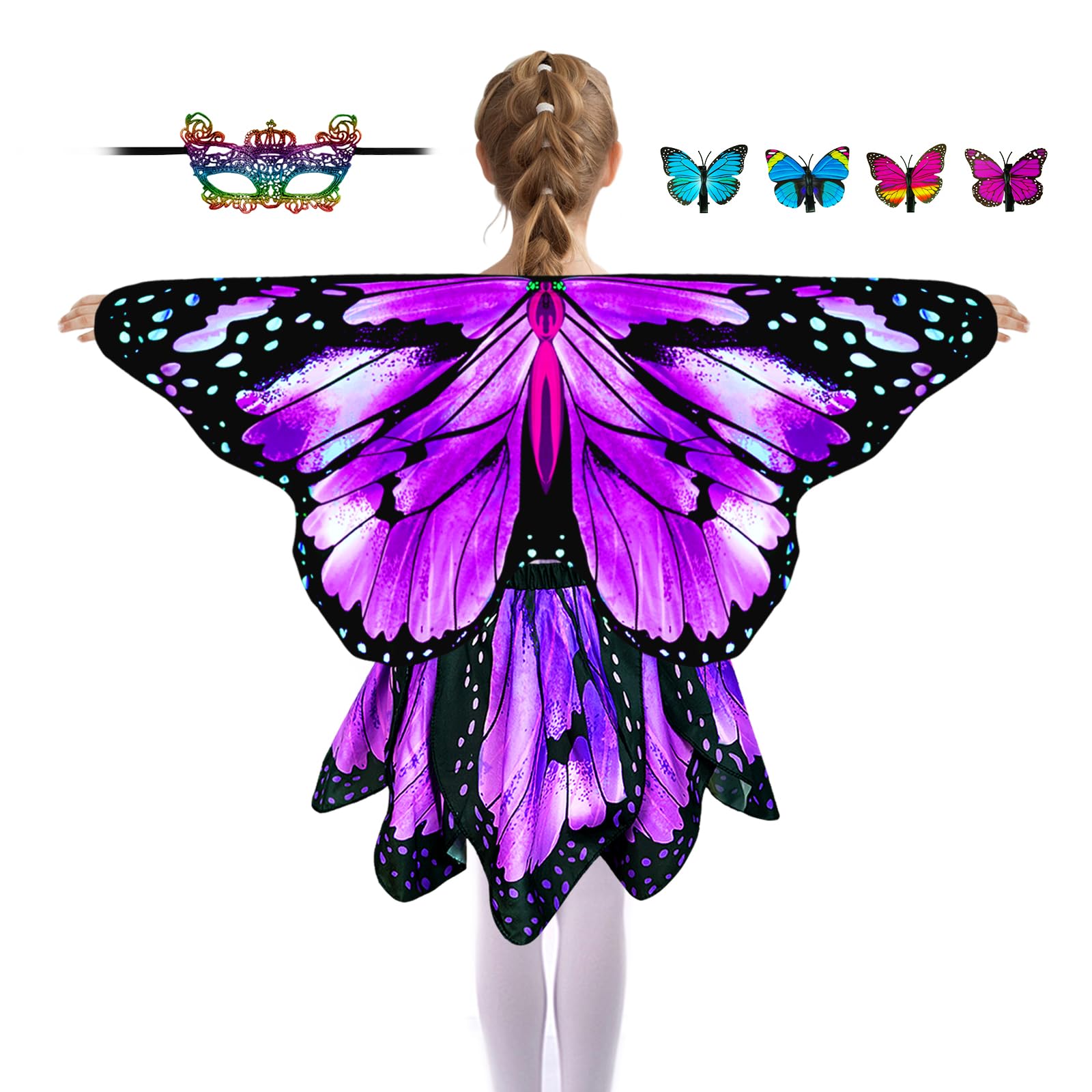 Sunlisky Butterfly Wings Children (Girls) Butterfly Costume Girls 3 Set (Cape Skirt and Mask) Butterfly CostumeChildren (Purple Set+Mask)