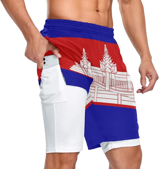 Cambodia Flag Men's 2 in 1 Workout Running Athletic Shorts Sport Pant