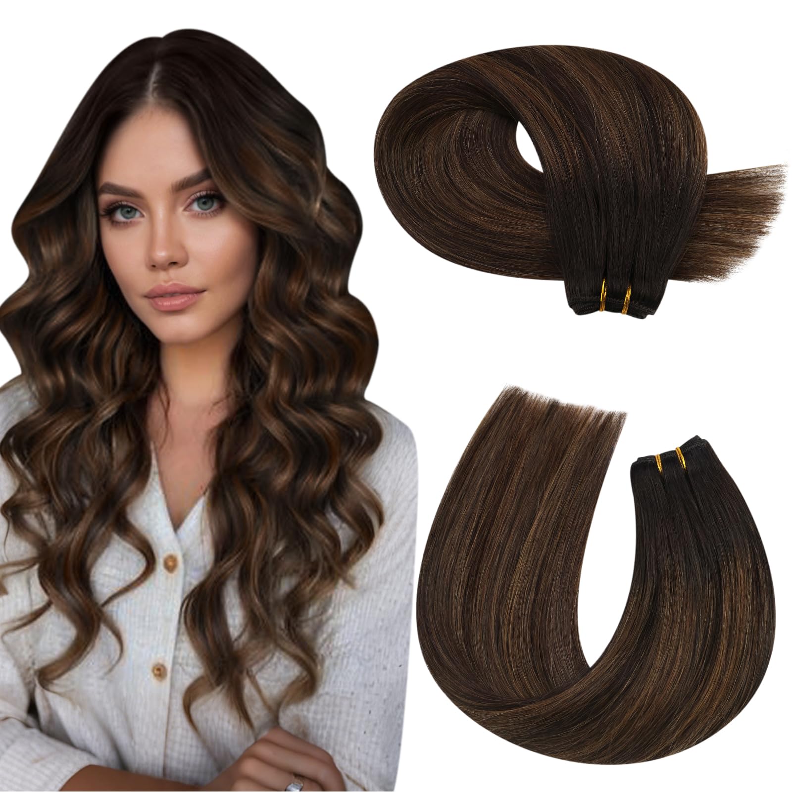 Moresoo Weft Hair Extensions Real Human Hair Root Darkest Brown and Chestnut Brown Ombre Sew in Hair Extensions Invisible Short Hair for Women Add Volume Daily Life 14 Inch 100g/Pack #2/6/2 — image 1