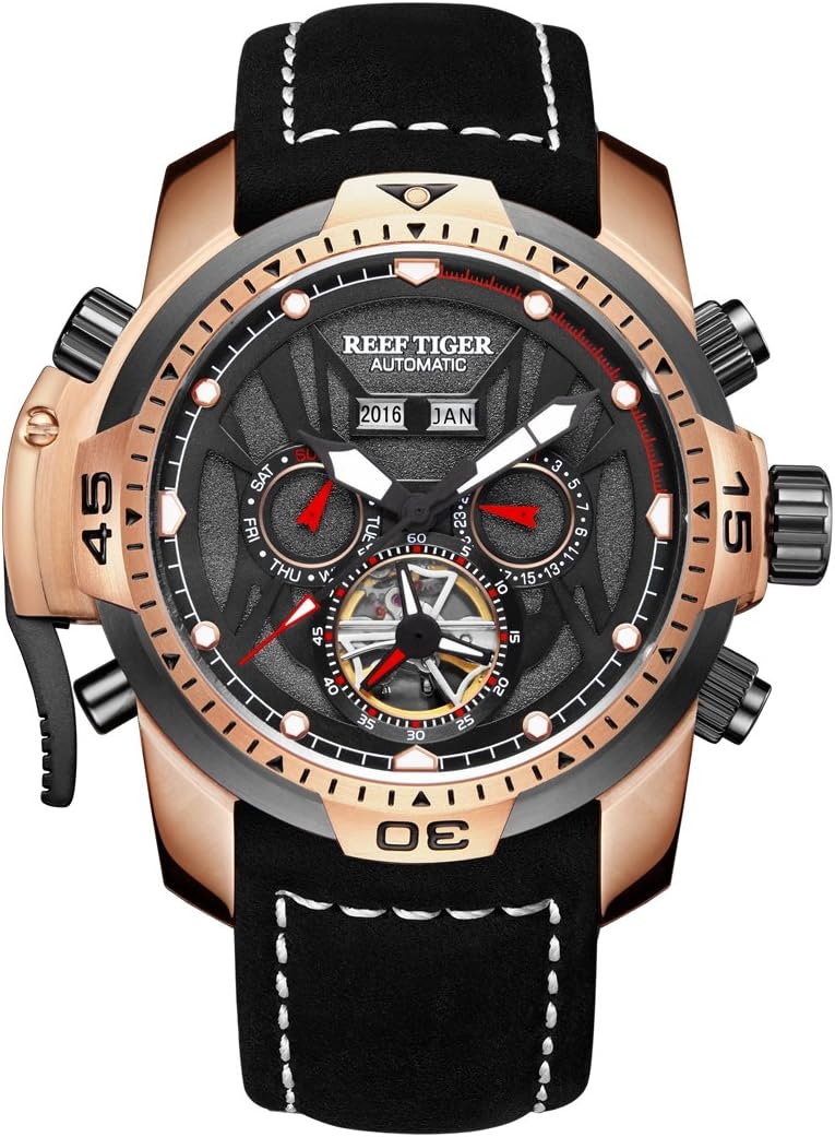 Reef Tiger Sport Luminous Watches Rose Gold Leather Strap Analog Automatic Men's Watch RGA3532