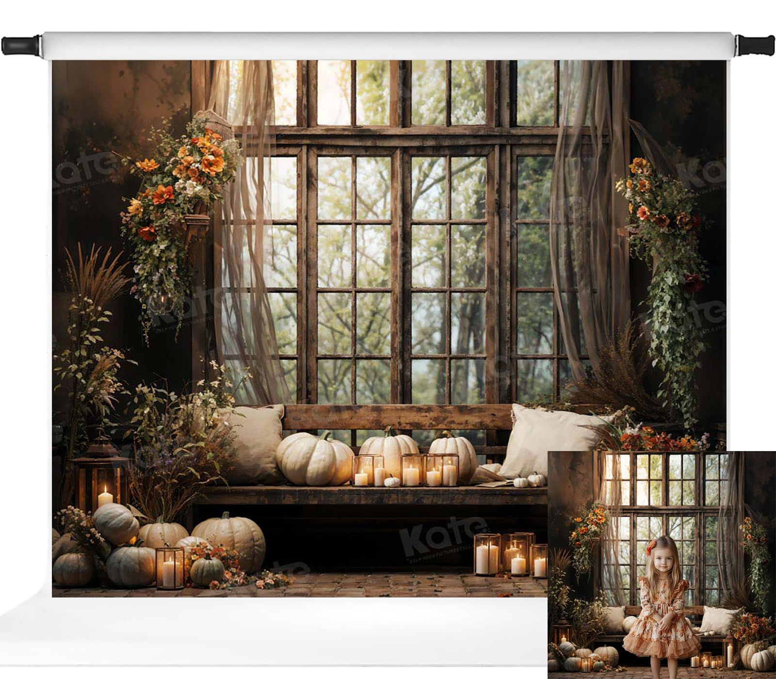 Photo 1 of Kate Fall Photography Backdrops Indoor Autumn Party Decorations Pumpkins Forest Window Studio Props, 10x8ft