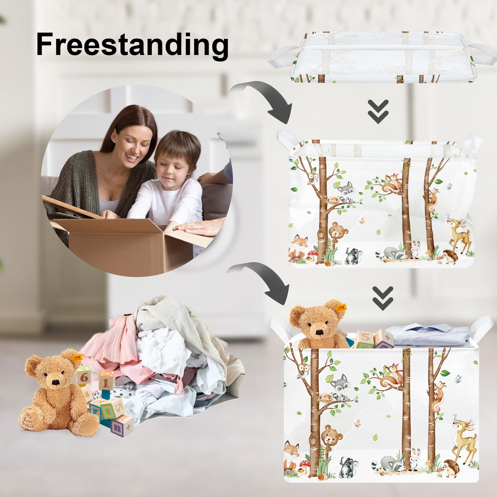 Clastyle Large Birch Tree Animal Storage Basket Collapsible Woodland Fox Bear Book Shelf Basket Rectangle Toy Clothes Cube Storage Basket for Kids Room