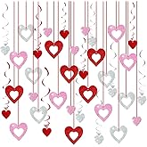 48 Pcs Valentine's Day Decorations Glitter Heart Hanging Swirls,Hanging Love Heart Swirls Wedding Party Supplies Decorations, Anniversary, Ceiling Decor.