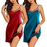 Ekouaer Womens 2 Pack Silky Nightgowns Sexy Lingerie Sleepwear Satin Negligee Chmeise Nighty Mesh V Neck Nightwear