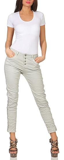 KAROSTAR Damen Boyfriend Jeans Stretch Hose mit Seitenstreifen Chino Pants Hüftjeans 66