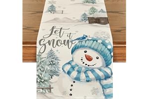 Artoid Mode Xmas Trees Let It Snow Blue Snowman Christmas Table Runner, Seasonal Winter Holiday Kitchen Dining Table Decoration for Home Party Decor 13x72 Inch