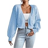 SHENHE Women's Pearl Beaded Open Front Cardigan Oversize V Neck Drop Shoulder Cropped Sweater