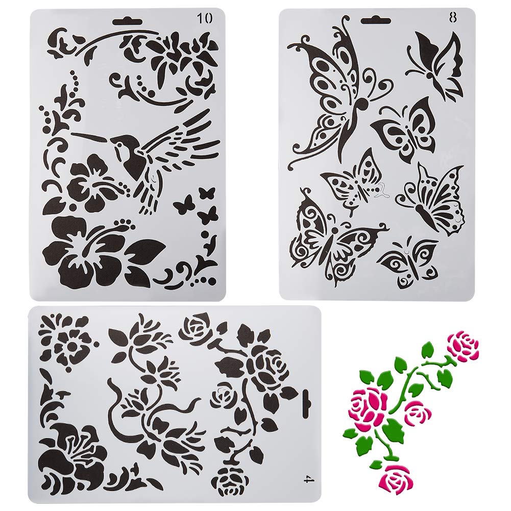 GORGECRAFT 3pcs Flowers Stencils, Plastic Drawing Painting Butterfly Stencils for DIY Arts Cart Making Journaling Scrapbooking Diary, White