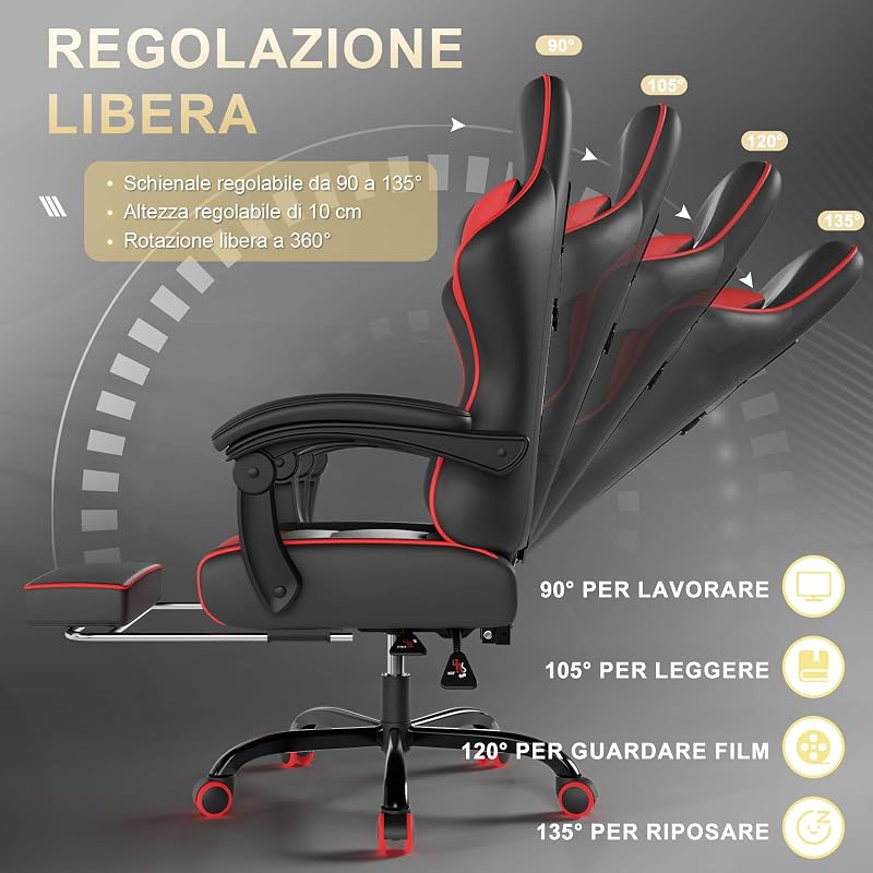 Sedia da Gaming Massaggiante,Sedia Gamer con Poggiapiedi Telescopico,Regolabile 90-150°,Poltrona da Gaming con Poggiatesta e Cuscino Lombare, Ufficio,Portata 150kg(Rosso)