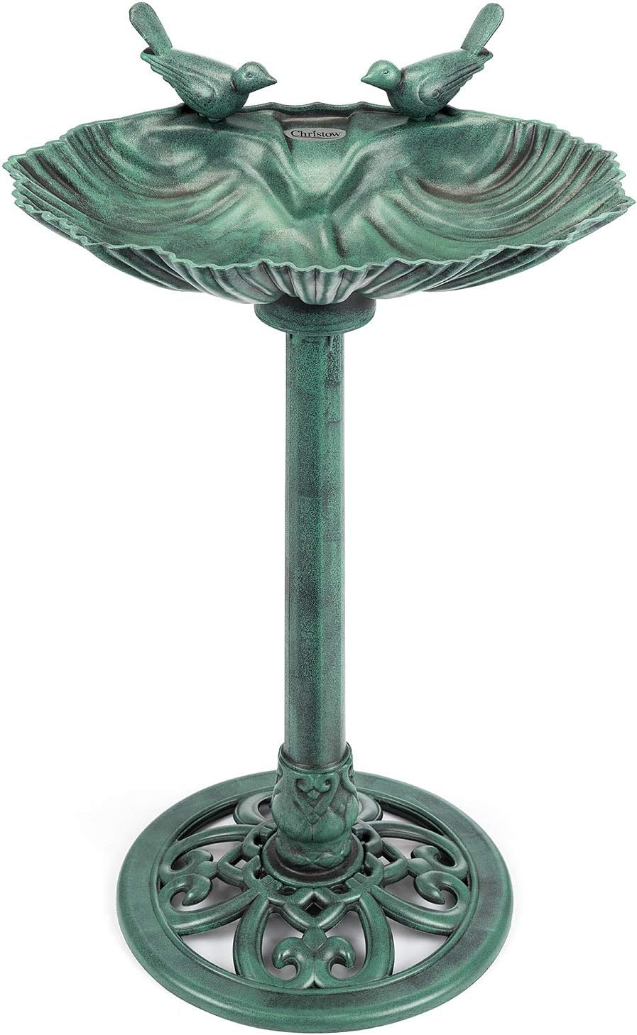 CHRISTOW Clam Shell Resin Bird Bath Garden Stand 80cm Green