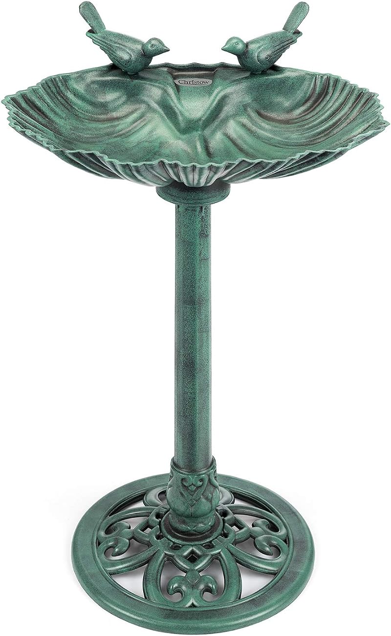 CHRISTOW Clam Shell Resin Bird Bath Garden Stand 80cm Green