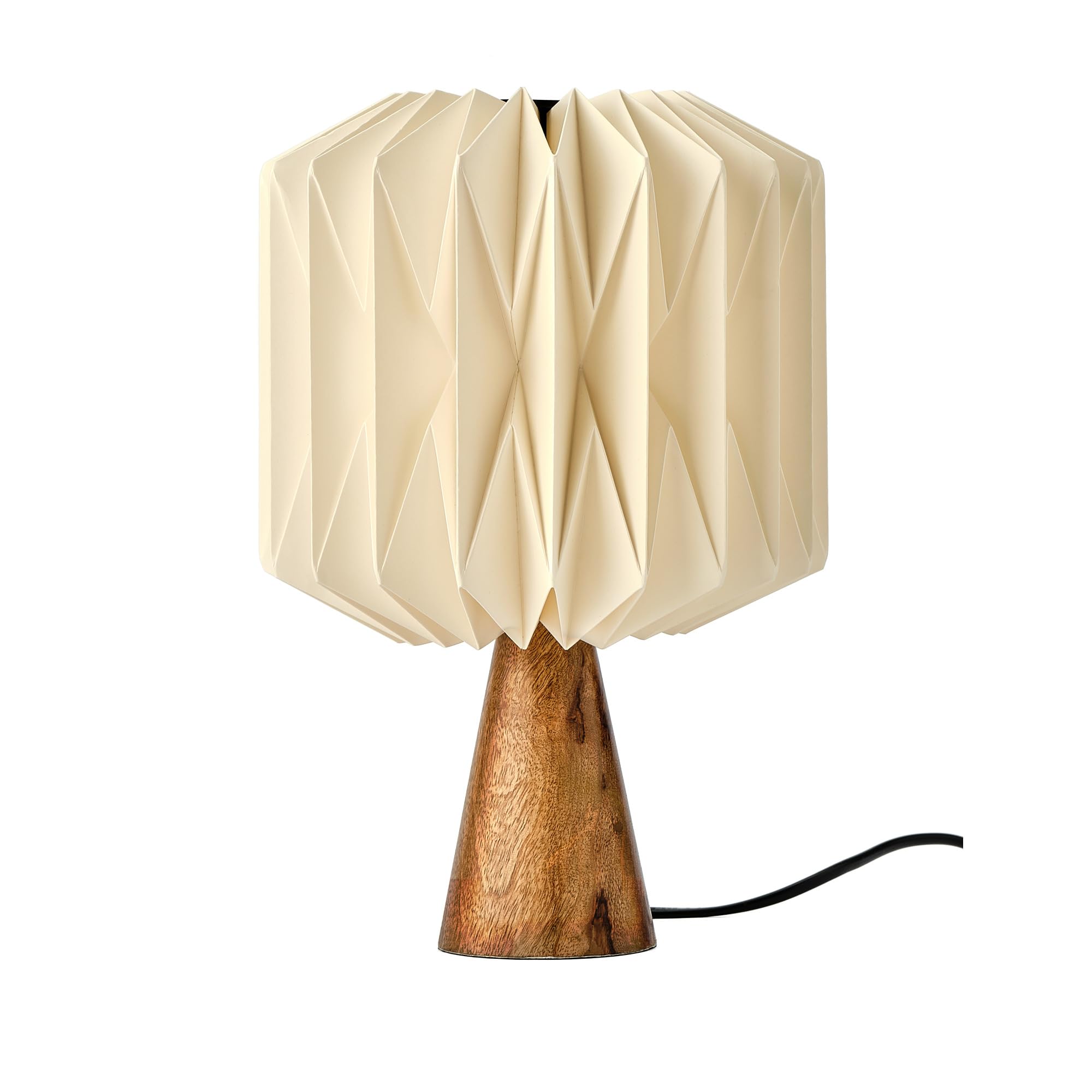 Kusso Wood and Paper Table Lamp (31cm Tall) - Solid Mango Wood Base with Folded Origami Style Lantern Shade for Bedroom, Living Room, Study, Office Desk & More