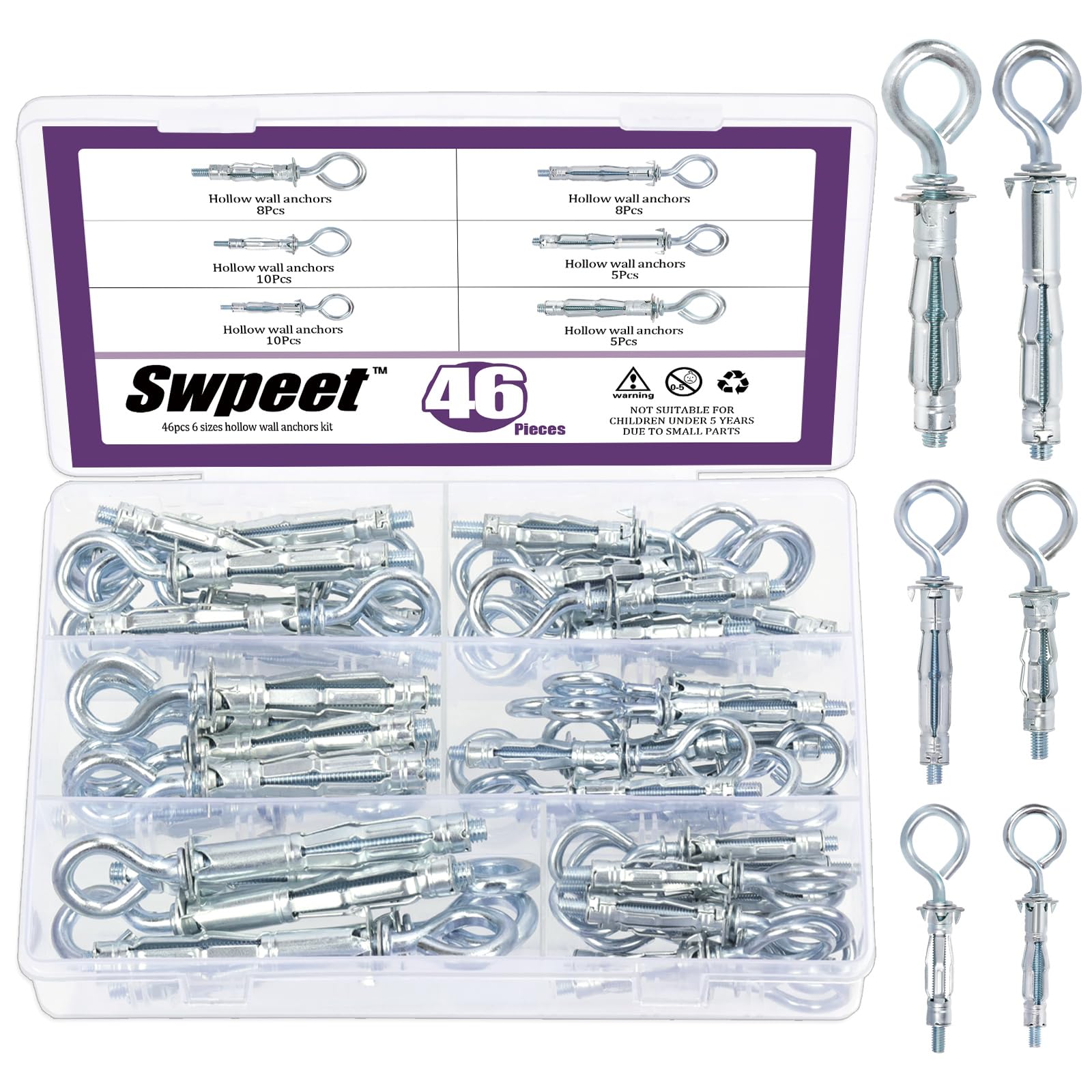 Swpeet 46Pcs M4X32mm M4X38mm M5X37mm M5X52mm M6X52mm M6X65mm O-shape Heavy Duty Hollow Wall Anchor Set, Hollow Drive Wall Anchor Screws Assortment Kit for Drywall Hollow Wall Plaster Walls
