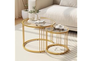 Garden 4 you Nesting Coffee Table, 23.6" Round Coffee Table Set of 2, Glass Nesting Table with Metal Frame, Ceter Tables for Living Room Bedroom Balcony, Gold