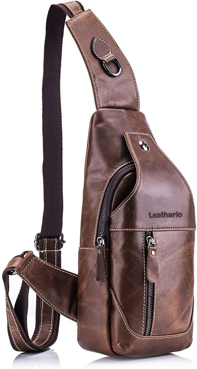 Leathario Mens Leather Sling bag Cross body Bag Chest Bag Sling Shoulder Backpack Brown