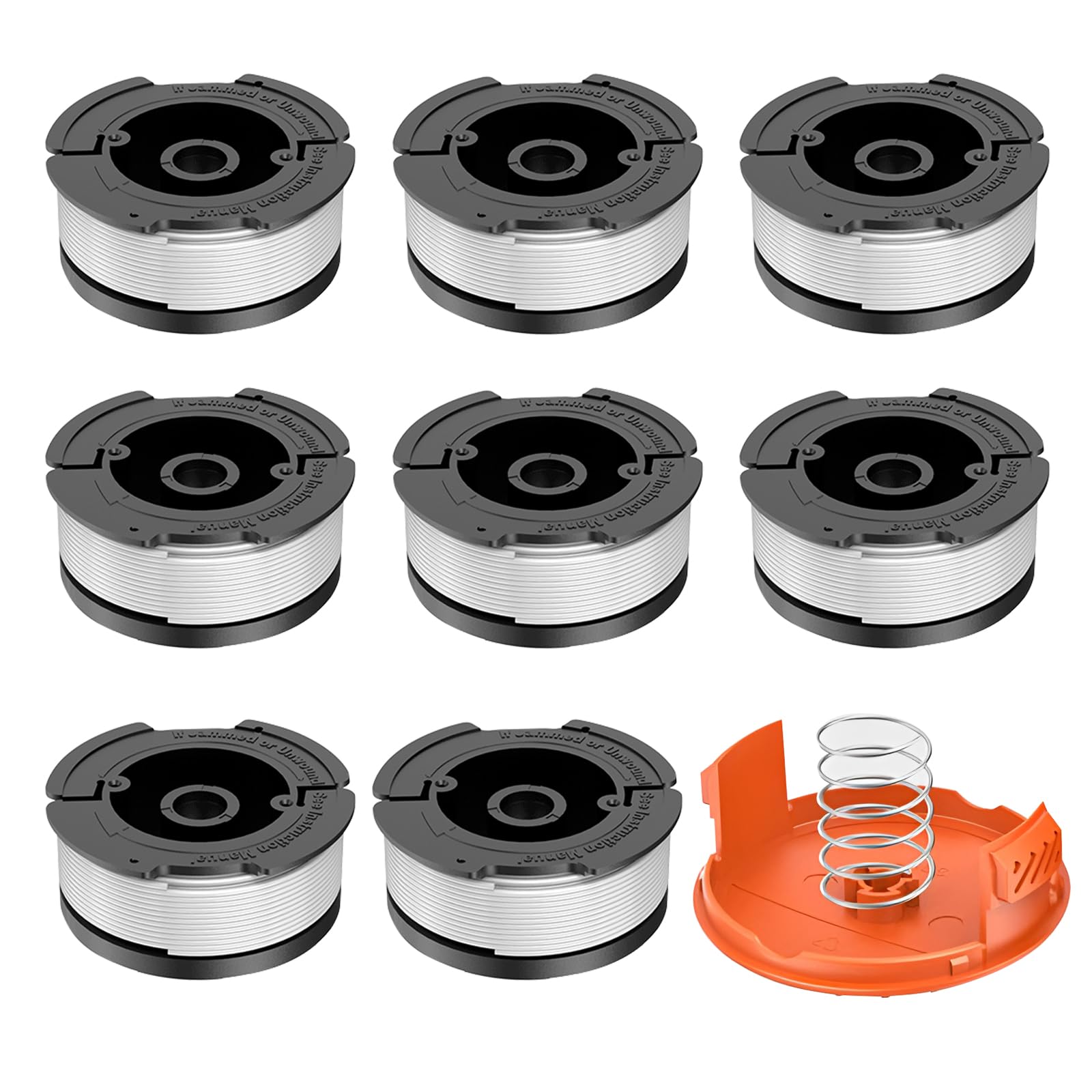 Trimmer Replacement Spool, Compatible with Black Decker AF-100 String Trimmers, 30ft 0.065" Strimmer Line for Black&Decker, Replacement Auto Feed Spool A6481 STC1820PC ST5530 (8 Spools+1 Cap+1 Spring)