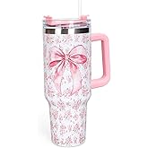 Whaline 40oz Pink Bow Floral Tumbler with Handle Straw and Lid Coquette Bowknot Travel Tumbler Watercolor Flower Blossoms Cup White Pink Flower Coffee Cup for Women Friend Gift Holiday Birthday