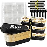 Orlashop Mini Loaf Pans with Lids and Spoons Sealing Sticker,30 Pcs 6.8oz Cake Pans for Baking Disposable Aluminum Foil Red cake pan (30 PCS Black Gold)