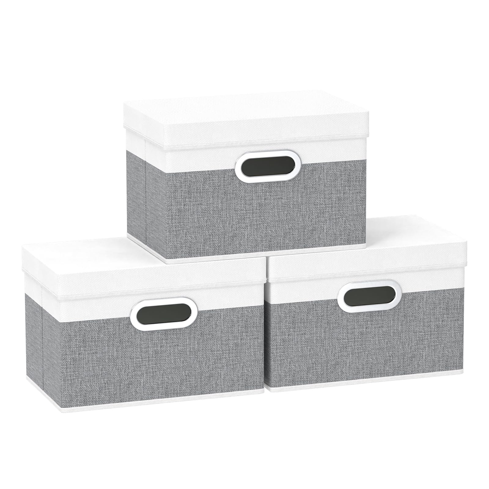 Yawinhe Collapsible Storage Box 3 Pack, Fabric Clothing Shelf Basket with Lid, for Organizing Home, 38x25x25cm, White/Grey, SNK023WGL-3