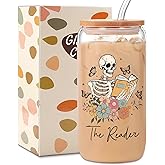 AKAQCHANG Book Lovers Gifts,Skull Bookish Women Book Themed Readers Accessories,Librarians,Bookaholics Christmas Birthday Gifts For Best Friend,16 oz Glass Cups with Lids and Straws