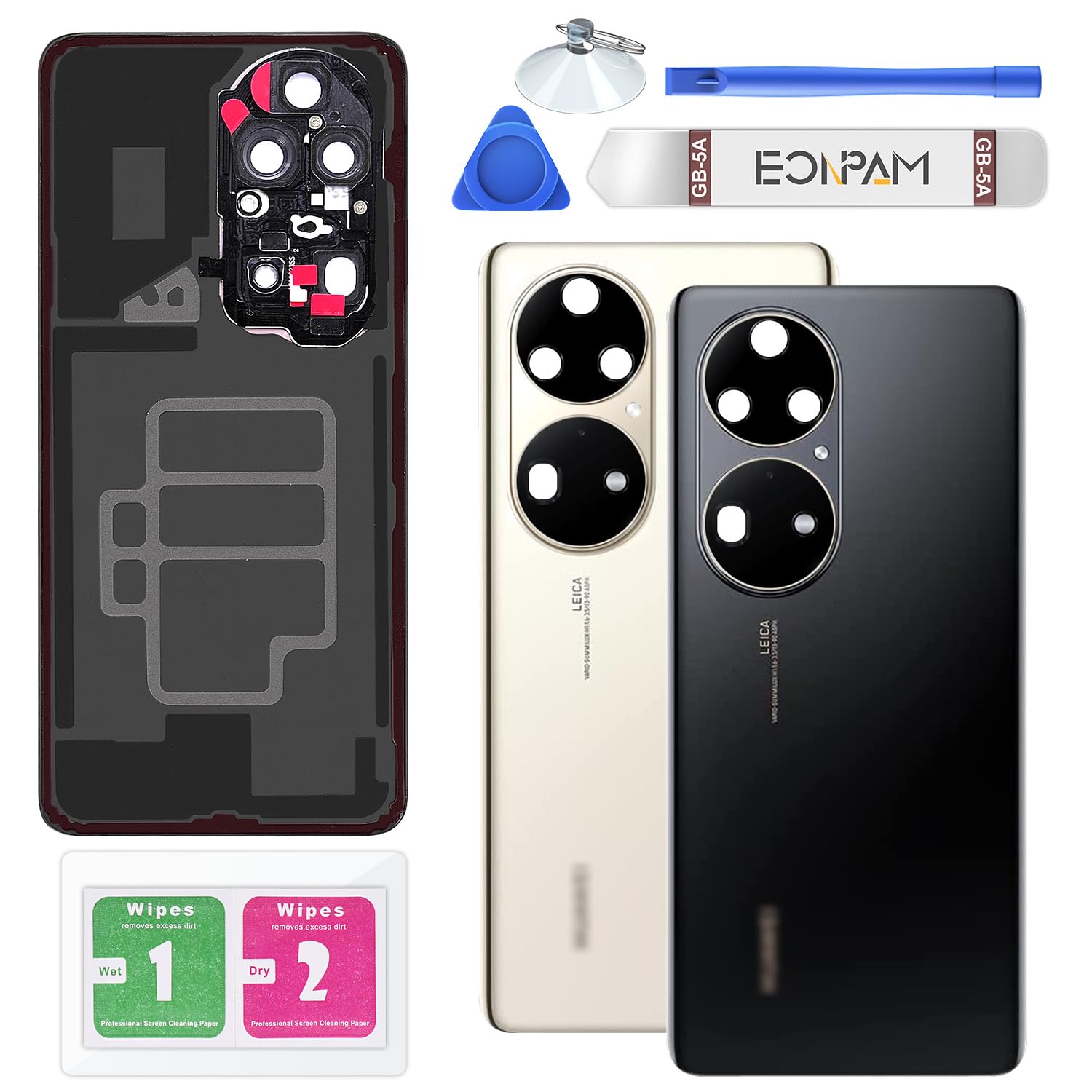 Eonpam Back Cover Glass for Huawei P50 Pro Rear Glass Replacement with Camera Lens + Repair Kit Genuine Rear Housing (Black)