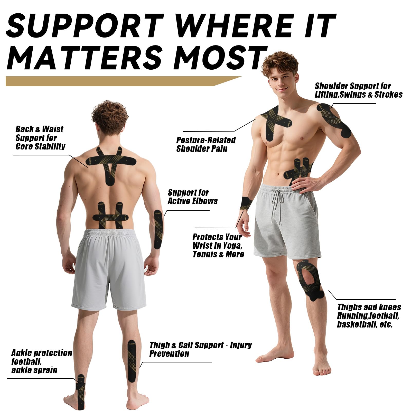 GJUMP Kinesiology Tape, Precut Athletic Sports Tape 40 Strips (2 Rolls), Waterproof Breathable Muscle Tape for Pain Relief & Joint Support