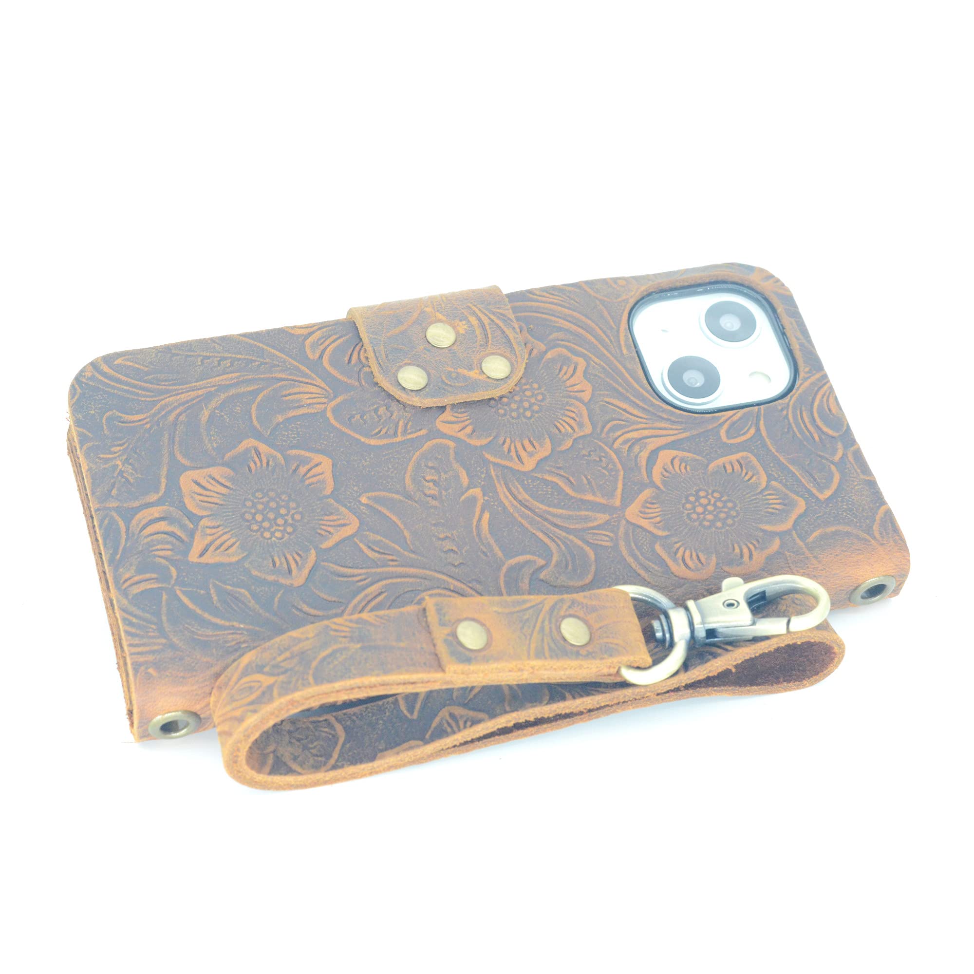 JJNUSA Compatible with iPhone 13 6.1 inch 2021 Handmade Genuine Distressed Leather Wallet Case Flip Cover with Wristlet Brown